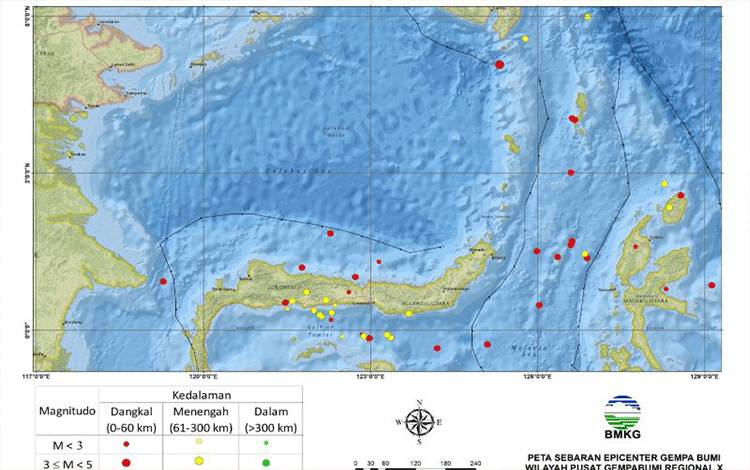 Sebaran gempa yang terjadi pada periode tanggal 9-15 Februari 2024. (ANTARA/HO-Stasiun Geofisika Manado).