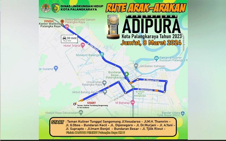 Peta rute arak - arakan piala. Adipura (Foto : DLH Palangka Raya)