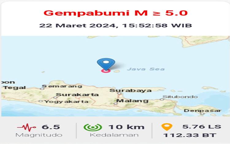 Titik lokasi gempa yang menggunbang Kota Sampit dan sekitarnya. (FOTO: IST)