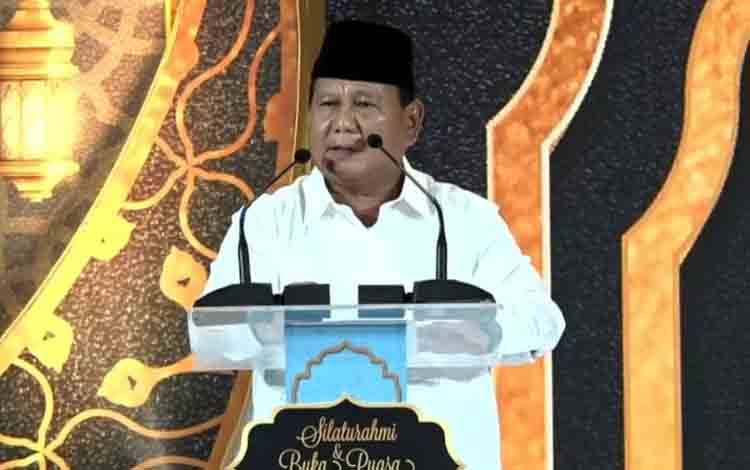 Tangkapan layar - Calon Presiden RI Prabowo Subianto menyampaikan sambutan saat agenda silaturahmi dan buka bersama di Kuningan, Jakarta, Senin (25/3/2024). (ANTARA/Fath Putra Mulya)
