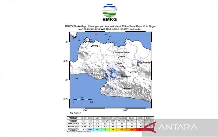 Peta yang menunjukkan pusat gempa bumi dengan kedalaman 4 kilometer pada jarak 23 kilometer Barat Daya Kota Bogor, Jawa Barat, Jumat (29/3/2024) malam. ANTARA/HO-Pusat Gempa bumi dan Tsunami BMKG.