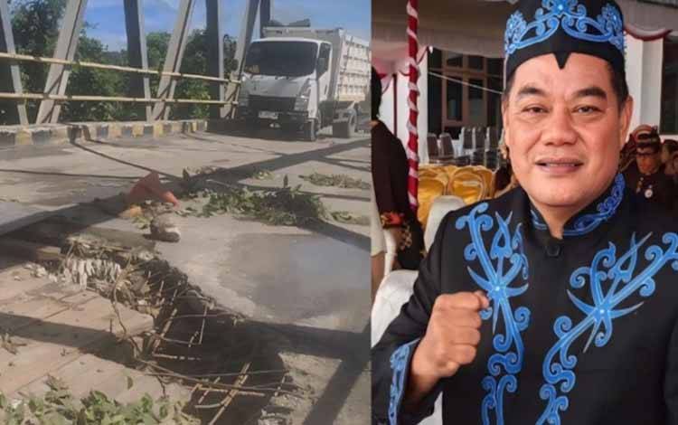 Kerusakan Jembatan Kurun dan kritikan anggota DPRD Kabupaten Gunung Mas Untung Jaya Bangas (Foto:Istimewa)