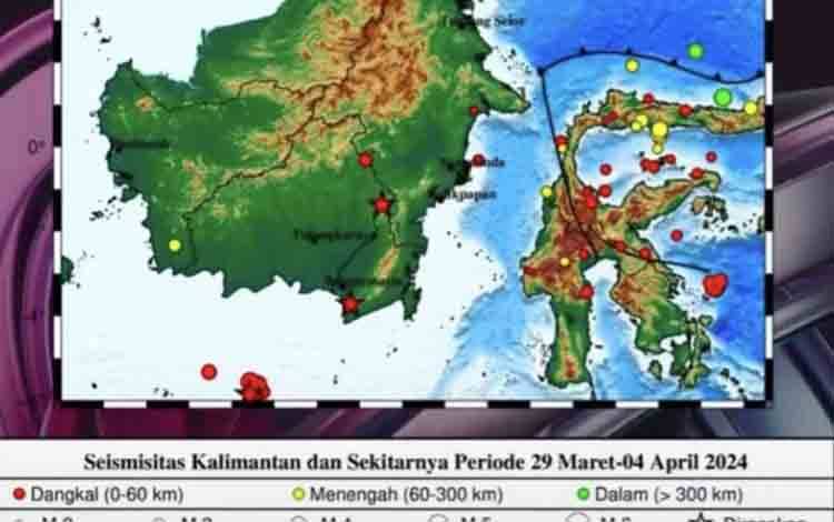 Peta sebaran gempa bumi wilayah Kalimantan dan sekitarnya pada periode 29 Maret-5 April 2024. (ANTARA/HO-BMKG)
