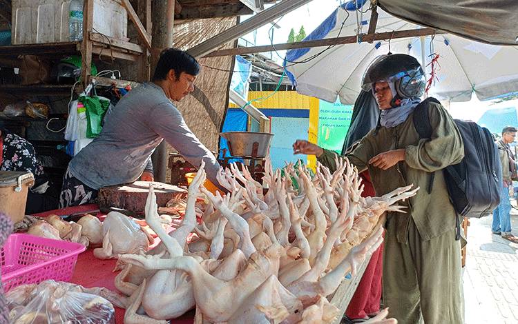 Seorang pedagang daging melayani pembeli di Pasar Subuh, Jalan MT Haryono, Sampit, Senin, 8 April 2024. (FOTO: DEWIP)