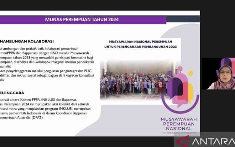 Plt Sekretaris Kementerian Pemberdayaan Perempuan dan Perlindungan Anak (KPPPA) Titi Eko Rahayu memberikan paparan dalam webinar Media Briefing Munas Perempuan 2024, di Jakarta, Selasa (16/4/2024). (ANTARA/Anita Permata Dewi)