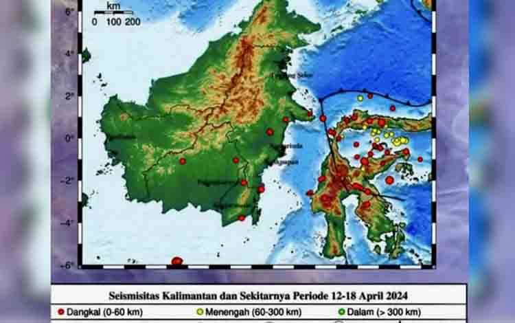 Peta menunjukkan aktivitas sebaran gempa bumi wilayah Kalimantan dan sekitarnya pada periode 12-18 April 2024. (ANTARA/HO-BMKG)