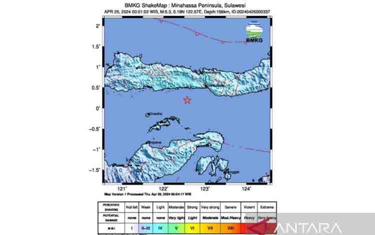 Peta pusat gempa bumi berkekuatan 5,3 magnitudo di arah tenggara Gorontalo, Sulawesi Utara, Kamis (25/4/2024) dini hari sekitar pukul 00.01 WIB. (ANTARA/HO-Pusat Gempa Bumi dan Tsunami BMKG)