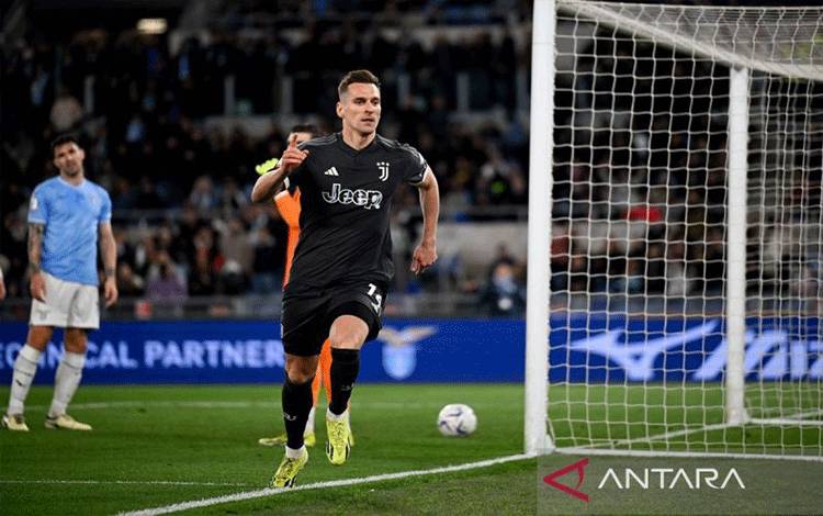 Selebrasi Arkadiusz Milik setelah mencetak gol ke gawang Lazio di laga leg kedua semifinal Copa Italia di Stadion Allianz pada Rabu (24/3/2024). ANTARA/Dok-Juventus/am.